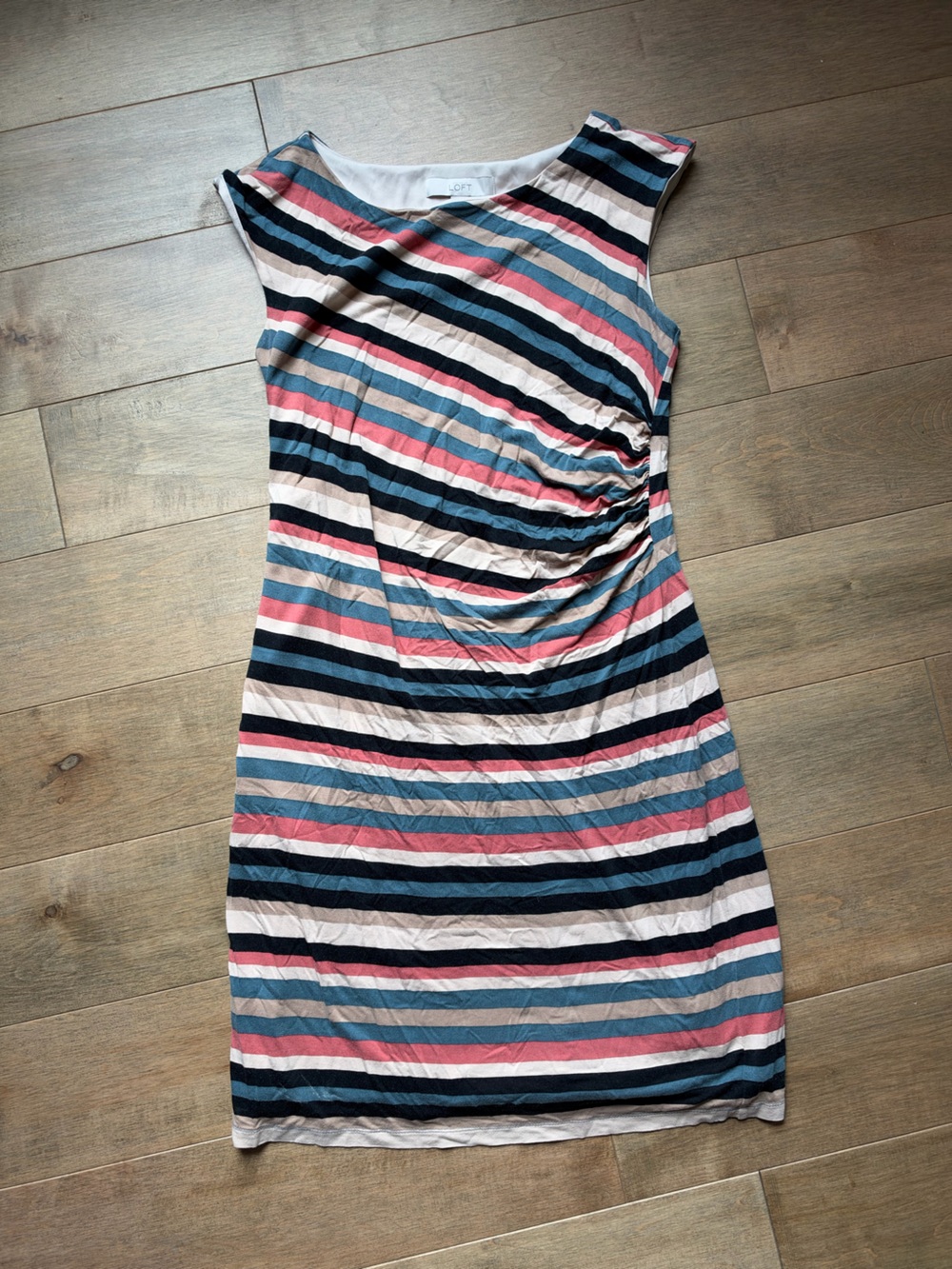 LOFT Striped Sleeveless Sheath Dress in Navy, Pink & Cream